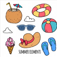 手绘各种颜色的夏季物品