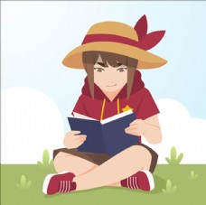 儿童节在草坪上看书的女孩子
