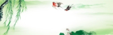 春天绿色柳树燕子背景图