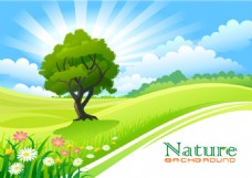 大自然绿色自然风景蓝天草地大树矢量图素材