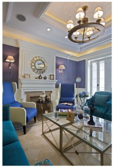 沙发背景墙美式蓝色客厅设计图
