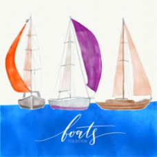 水彩画三个帆船蓝色背景矢量素材