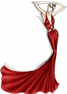 红色深V长裙礼服设计图