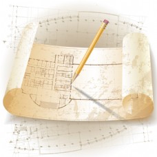 建筑素材建筑图纸与铅笔矢量素材下载