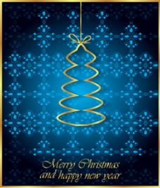 蓝色圣诞背景与金色圣诞树矢量素材