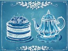 蓝色茶壶与水果蛋糕矢量素材下载