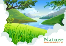 蓝色绿色自然风景蓝天草地大树溪流矢量图素材