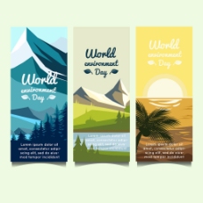 世界旗帜世界环境日不同景观垂直旗帜广告矢量素材