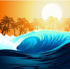 波浪与棕榈树和太阳矢量背景素材