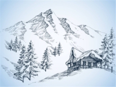 手绘素描山上的小屋场景矢量素材下载