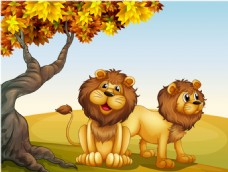 自然丽景卡通狮子与美丽自然风景矢量素材