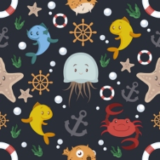 黑色背景海洋动物和航海元素装饰图案