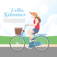 女孩骑着蓝色自行车自然背景