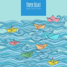梦幻船梦幻般的蓝色波浪彩色纸船背景素材