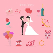 可爱的夫妇插图与各种婚礼元素