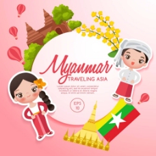 卡通缅甸旅游海报矢量素材下载