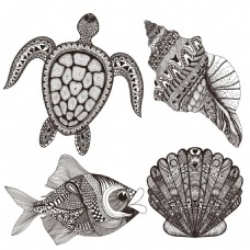 装饰素材海洋动物花卉装饰图案矢量素材下载