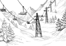 手绘素描山上的缆车场景矢量素材下载