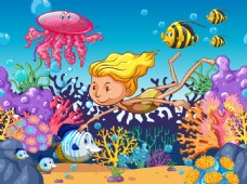 水下动物画女孩游泳海洋动物水下插画