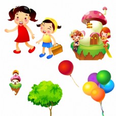 儿童房屋树木气球