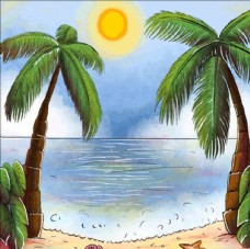 夏日手绘水彩海边棕榈树风景