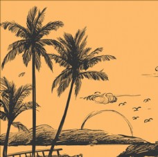 手绘素描海岛棕榈树风景