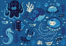 深海水彩海洋生物纹理图案矢量背景素材