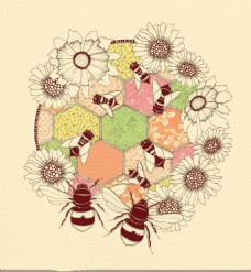 水彩花朵蜜蜂圆环插画
