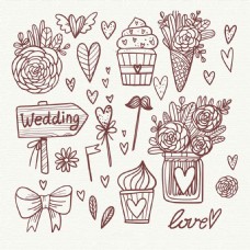 美丽的手绘线描风格婚礼元素插图