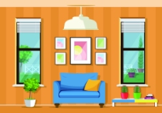 室内装饰橙色家庭室内房间装饰设计卡通矢量模板
