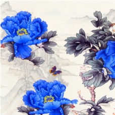 蓝色水墨牡丹花图片