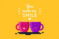 微笑的红色紫色咖啡杯黄色背景