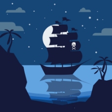 手绘海盗船夜晚背景