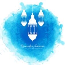 斋月伊斯兰元素插图蓝色水彩背景