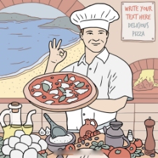 手绘厨房背景厨师展示比萨饼