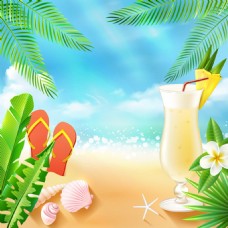 夏日暑假沙滩饮料背景图