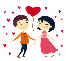 卡通情侣与爱心气球矢量