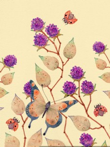 紫色花朵蝴蝶瓢虫插画