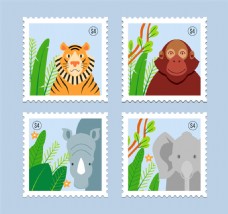 动物创意4款创意动物邮票矢量素材