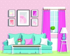 沙发客厅家庭室内房间装饰设计卡通矢量
