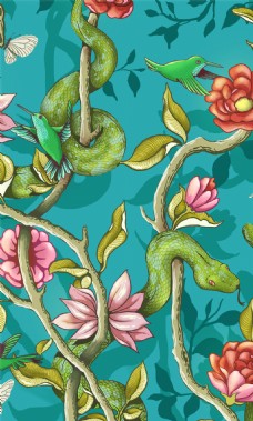 欧式花纹背景青蛇花枝布艺壁纸图片