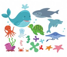 手绘各种海洋动物矢量素材