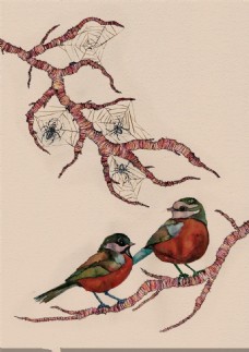 水彩树枝上的小鸟蜘蛛网插画