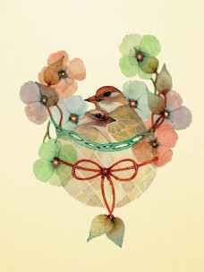 水彩花环上的小鸟插画