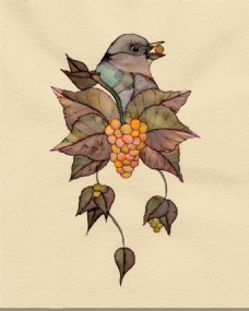 水彩葡萄小鸟插画