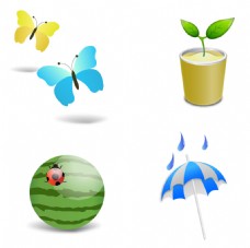 卡通盆栽雨伞蝴蝶元素