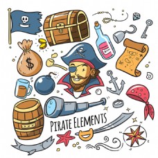 木桶手绘各种海盗元素矢量素材