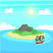 蓝色调海盗船海岛景色背景