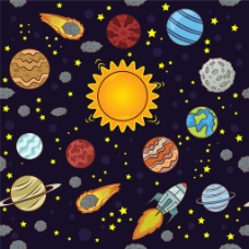 手绘各种太空星球火箭装饰图案背景