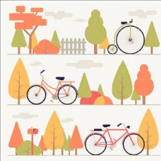 卡通三款山林中的自行车